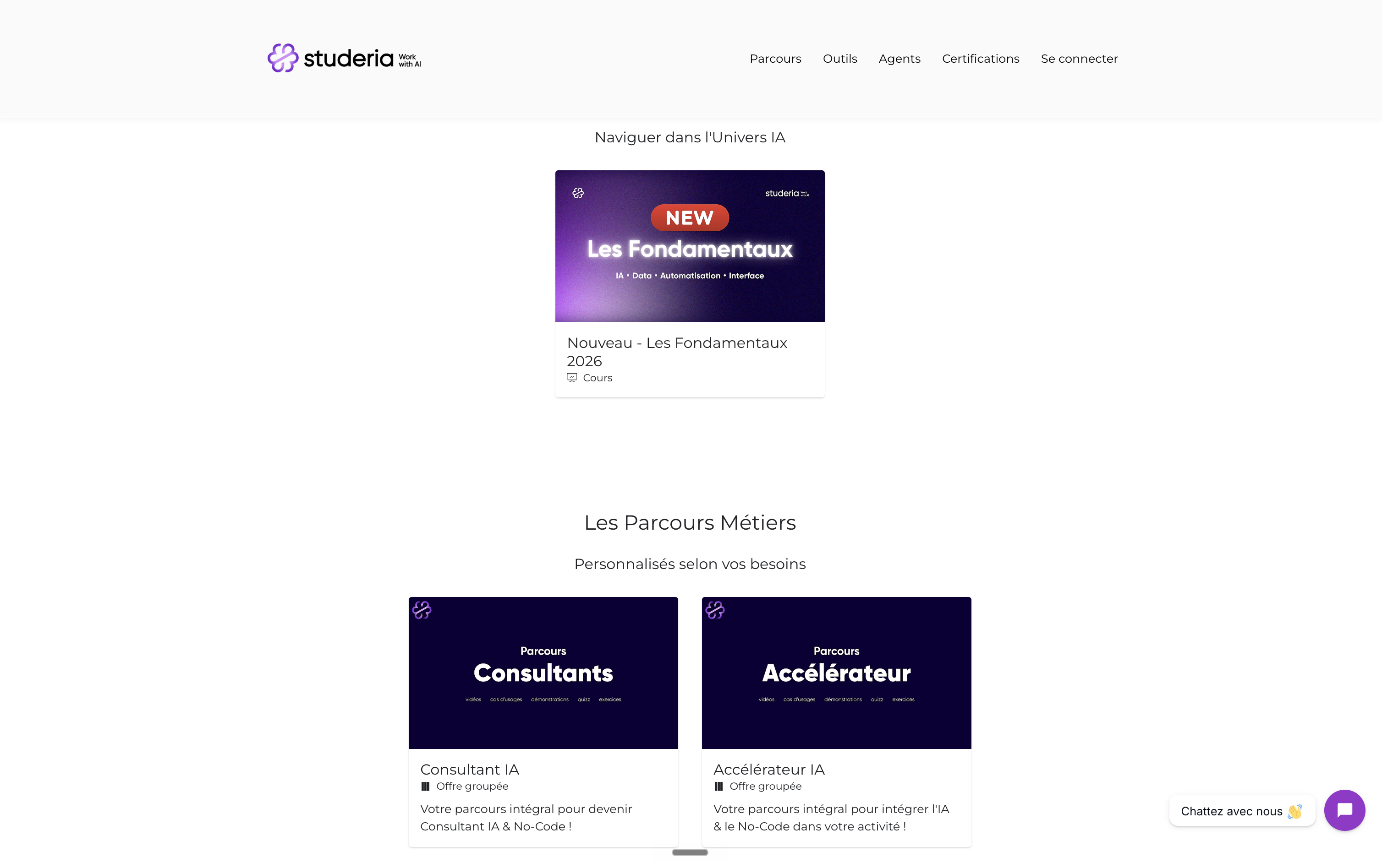 Aperçu de l'accueil de la plateforme Studeria Academy